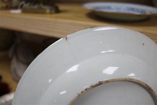 A Chinese blue and white bowl, two plates and two teabowls tallest 17.5cm